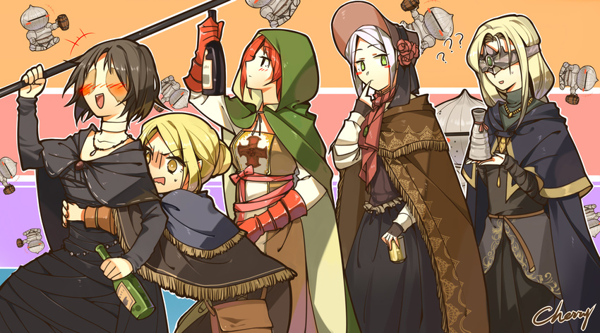 1boy 5girls :d ? alcohol anastacia_of_astora barrel black_hair blindfold blonde_hair bloodborne blush blush_stickers bonnet bottle brown_hair cape cherry_(10013717) chibi choker commentary company_connection conga_line crossover cup dark_souls_(series) dark_souls_i dark_souls_ii dark_souls_iii demon's_souls dress drunk emerald_herald fire_keeper from_software gloves hair_bun highres hood hug hug_from_behind indian_style jewelry liquor long_hair maiden_in_black messy_hair mug multiple_girls necklace open_mouth plain_doll red_hair sake_bottle scarf short_hair siegward_of_catarina single_hair_bun sitting smile sweatdrop tabard wavy_mouth white_hair wine_bottle