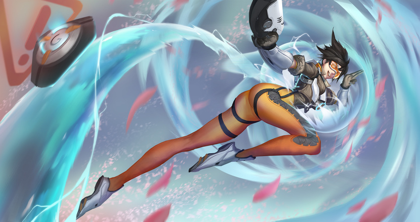 ! ass black_hair bodysuit bomber_jacket boots commentary female flying gloves goggles gun handgun highres jacket open_mouth orange_bodysuit orange_goggles overwatch overwatch_1 photoshop_(medium) salute science_fiction short_hair solo spiked_hair tracer_(overwatch) two-finger_salute vambraces weapon yinzhi_beiju