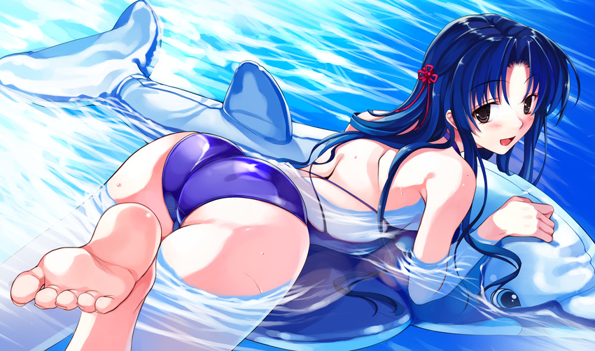 absurdres ass back barefoot black_eyes blue_hair blush cradle_(artist) dolphin feet female game_cg happy highres inflatable_raft jpeg_artifacts koga_sayoko legs long_hair looking_back misaki_kurehito one-piece_swimsuit pool pov_feet smile soles solo suiheisen_made_nan_mile? swimming swimsuit thighs toes water