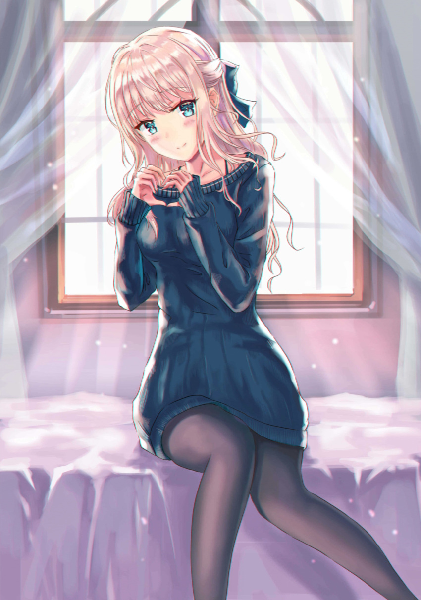 bed black_pantyhose blonde_hair blue_eyes blue_sweater blush bow chinese_commentary chromatic_aberration commentary_request curtains female hairbow hands_up heart heart_hands highres indoors kagurazaka_reina long_hair long_sleeves looking_at_viewer original pantyhose partial_commentary sitting smile solo sunlight sweater sylnice window