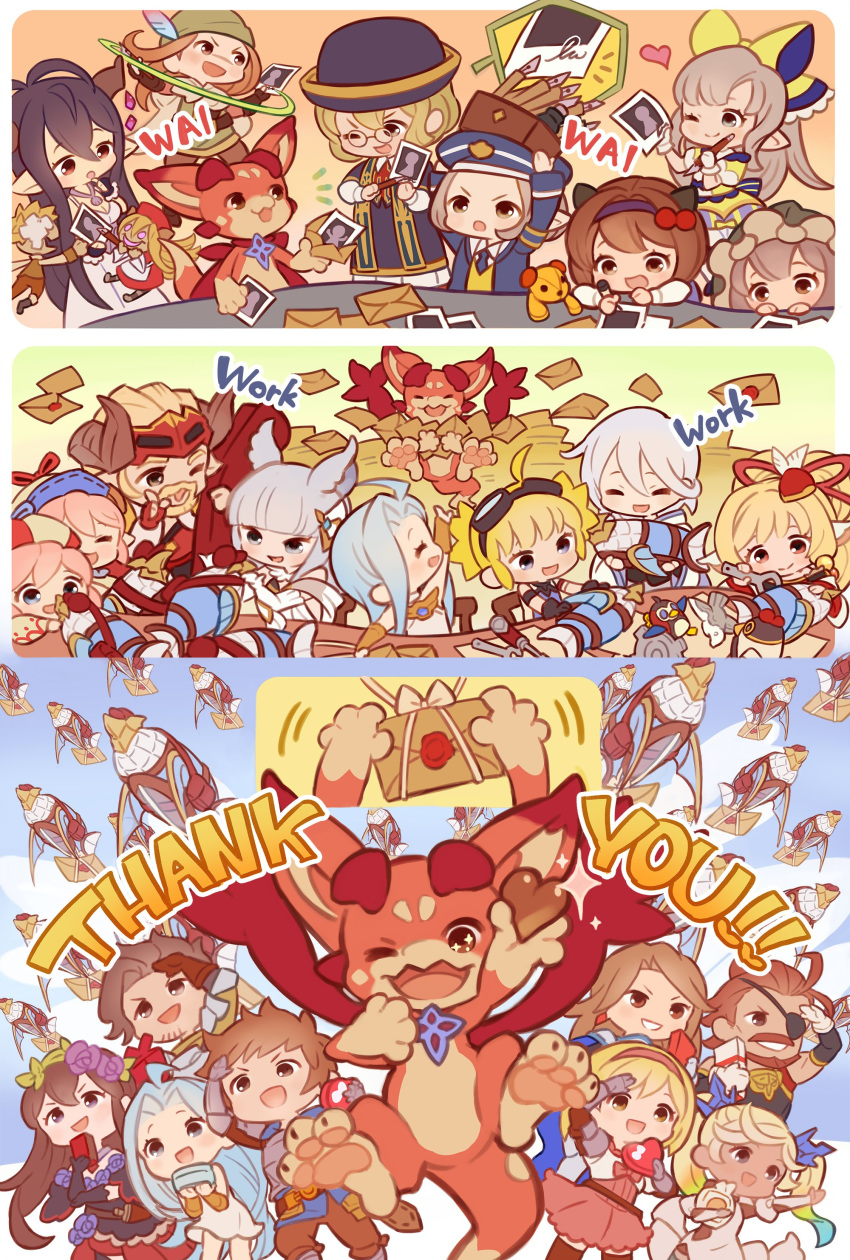 absurdres alistair_(granblue_fantasy) bandana beard black_hair blonde_hair blue_eyes box brown_eyes brown_hair cape closed_eyes commentary_request danua dark_skin djeeta_(granblue_fantasy) draph english_text eugen_(granblue_fantasy) eyepatch facial_hair gift gift_box glasses gran_(granblue_fantasy) granblue_fantasy grancypher_(granblue_fantasy) grey_eyes grey_hair harvin hat heart highres ink io_(granblue_fantasy) katalina_(granblue_fantasy) korwa ladiva letter lilele_(granblue_fantasy) long_hair lyria_(granblue_fantasy) mahira_(granblue_fantasy) minigob noa_(granblue_fantasy) official_art pen pengy_(granblue_fantasy) photo_(object) pink_hair polaroid puppet rackam_(granblue_fantasy) red_eyes rosetta_(granblue_fantasy) scar short_hair stuffed_toy tools vyrn_(granblue_fantasy) walder white_hair will_(granblue_fantasy) wrench yaia_(granblue_fantasy)