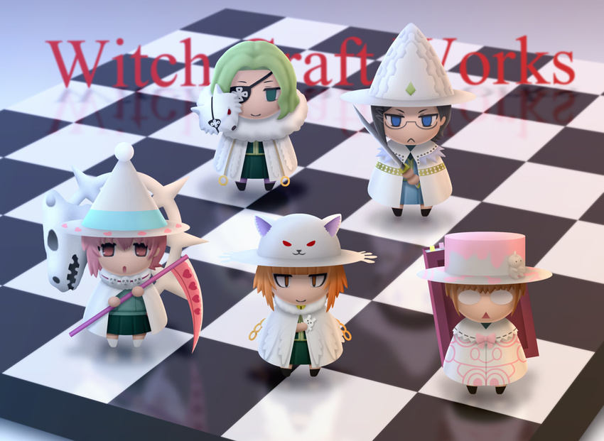 5girls animal_ears cape checkered_floor chessboard chibi commentary_request eyepatch glasses green_hair hat hood katana katsura_kotetsu kazari_rin kuraishi_tanpopo menowa_mei multiple_girls photoshop_(medium) scythe siraha sword utsugi_kanna weapon witch_craft_works witch_hat