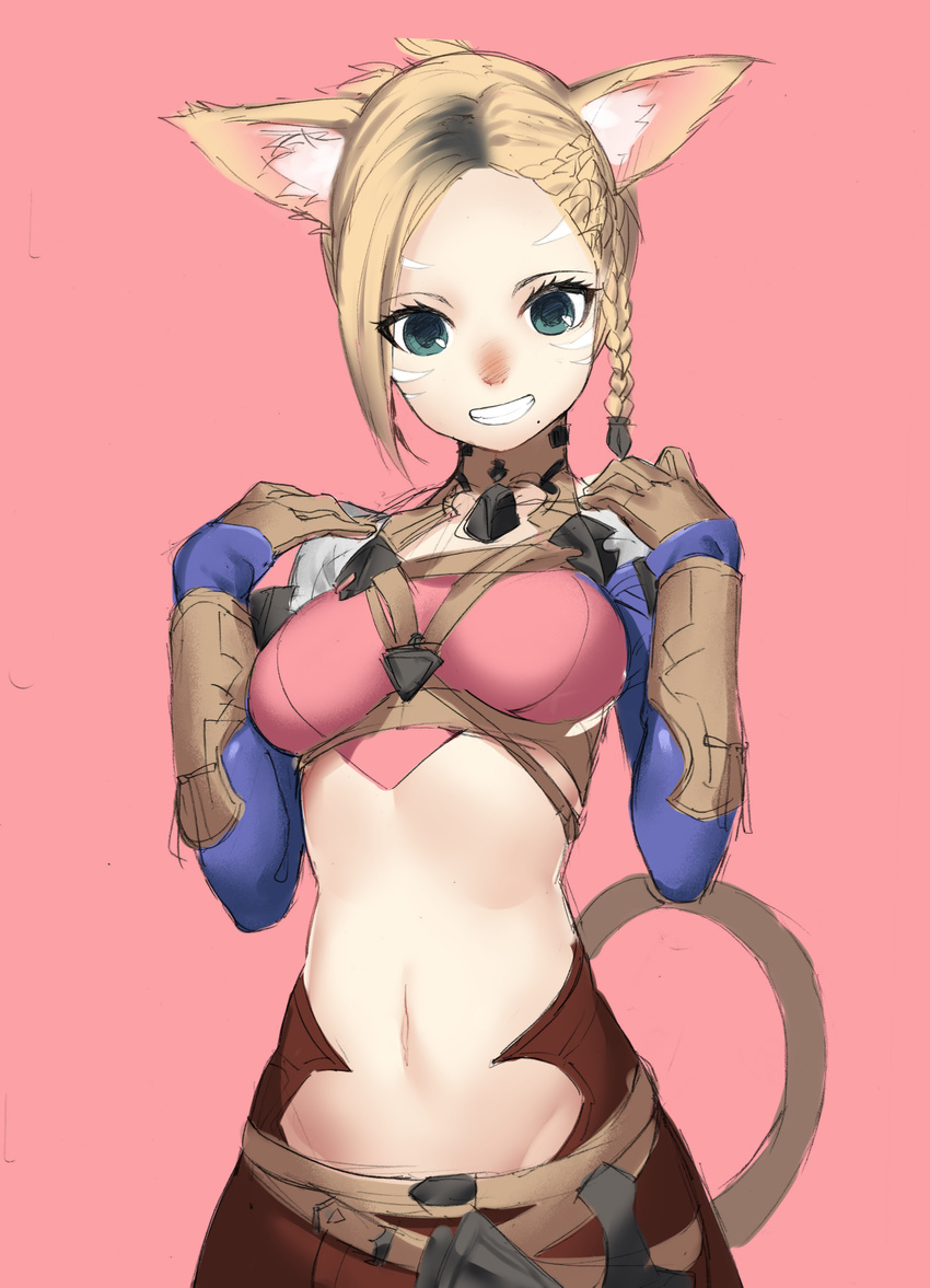 animal_ears belt blonde_hair blue_eyes breasts brown_gloves commentary_request female final_fantasy final_fantasy_xiv fusion gloves grin haraguro_jakku highres kemonomimi_mode looking_at_viewer medium_breasts midriff minfilia_warde miqo'te navel pink_background simple_background smile solo tail teeth