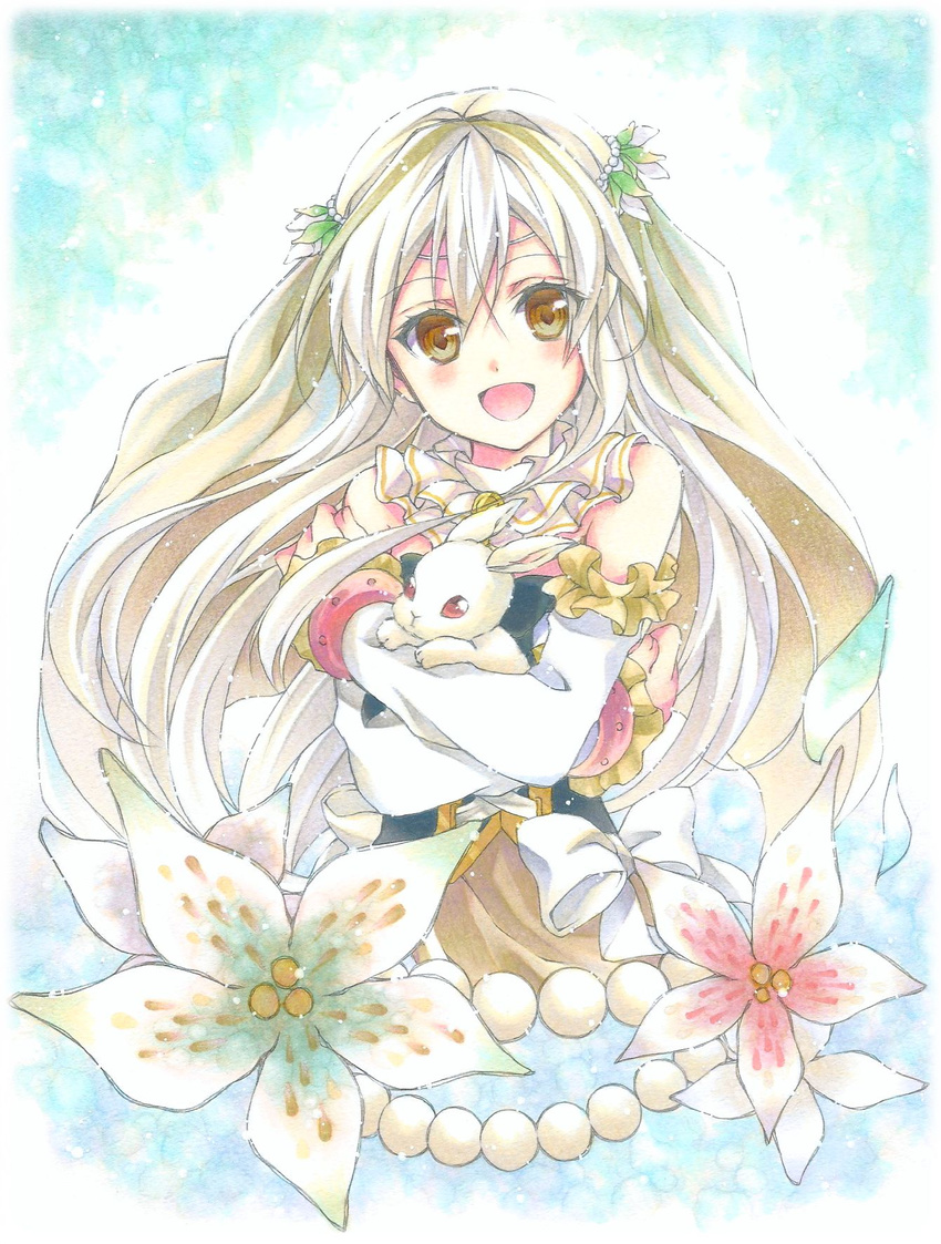 310_(garnetsato) :d alstroemeria_(flower_knight_girl) animal animal_hug bare_shoulders commentary_request female flower flower_knight_girl frills hair_ornament highres hug long_hair looking_at_viewer name_connection object_namesake open_mouth rabbit red_eyes smile white_hair yellow_eyes