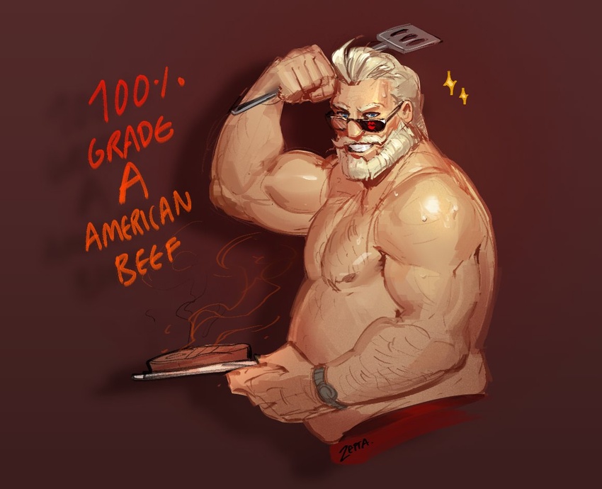 1boy bara beard biceps big_belly blonde_hair cooking cropped_legs facial_hair fat fat_man food from_side full_beard goldlewis_dickinson grin guilty_gear holding holding_spatula looking_at_viewer male_focus mature_male muscular muscular_male pectorals smile solo sparkle sparse_arm_hair sparse_chest_hair spatula standing steak sunglasses thick_beard thick_eyebrows topless_male tsurime zetta_aznec