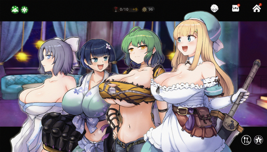 4girls armpits belt_pouch blonde_hair blue_eyes blue_hair blue_hat blush breasts brown_dust_(series) brown_dust_2 cleavage closed_mouth commentary couch dress expressionless eyebrows_hidden_by_hair fake_screenshot flower gameplay_mechanics greatsword green_hair green_kimono grey_hair hair_between_eyes hair_flower hair_ornament hair_ribbon hand_on_own_hip hat highres hikage_(senran_kagura) holding holding_sword holding_weapon japanese_clothes kimono large_breasts looking_at_another looking_at_viewer multiple_girls navel open_mouth os_(kazos) pouch power_fist ribbon senran_kagura senran_kagura_new_link shirt smile stomach sword torn_clothes torn_shirt upper_body weapon white_dress white_kimono yellow_eyes yellow_shirt yomi_(senran_kagura) yozakura_(senran_kagura) yumi_(senran_kagura)