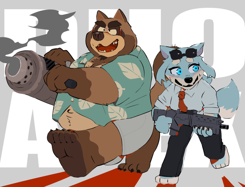 2024 anthro belly big_belly black_nose blue_eyes bottomwear canid canine canis clothing duo eyewear feet glasses hi_res kemono male mammal natsu_kagawa necktie open_mouth overweight overweight_male pants raccoon_dog shirt tanuki topwear vtuber weapon wolf