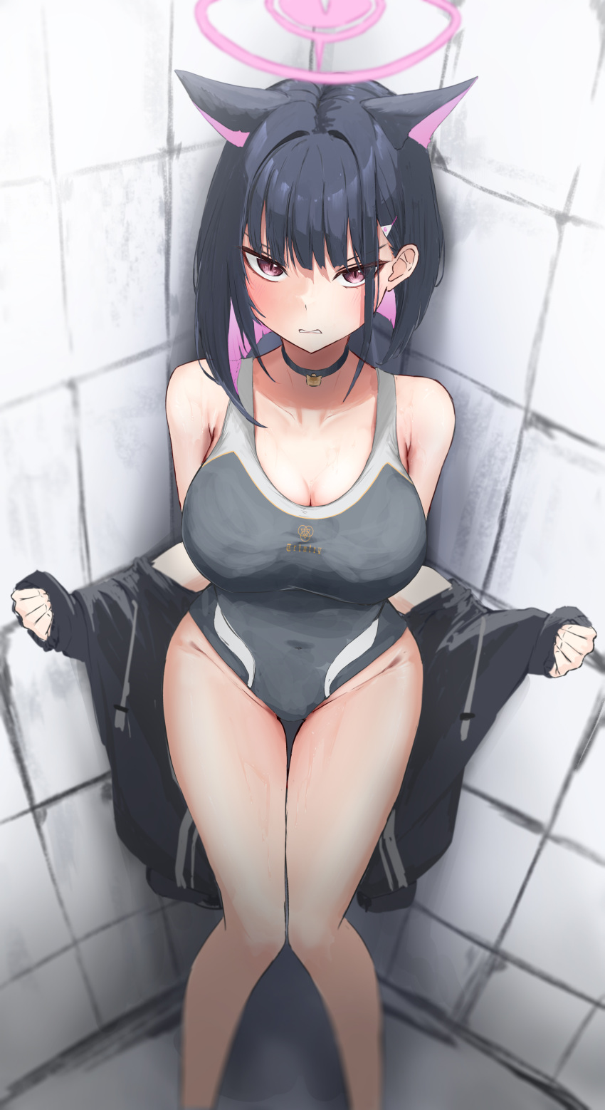 absurdres animal_ears bare_shoulders black_hair blue_archive blush breasts cat_ears choker cleavage clenched_teeth covered_navel female hair_ornament hairclip halo highres jacket kazusa_(blue_archive) looking_at_viewer mainichi_ai_wo_aishite multicolored_hair off_shoulder one-piece_swimsuit pink_hair purple_eyes school_swimsuit short_hair solo swimsuit teeth two-tone_hair