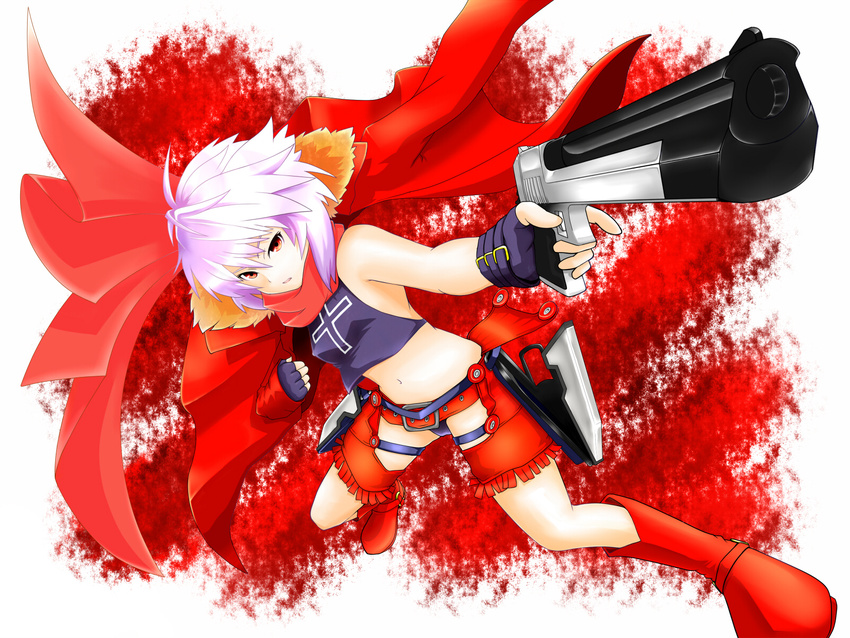 bakuretsu_tenshi bare_shoulders belt boots breasts chaps commentary_request crop_top crop_top_overhang cross desert_eagle female fingerless_gloves foreshortening fringe_trim gloves gun handgun highres holster jacket jo_(bakuretsu_tenshi) midriff navel open_mouth parted_lips partially_undressed red_eyes scarf short_hair sleeveless small_breasts solo toramimi trigger_discipline weapon white_hair