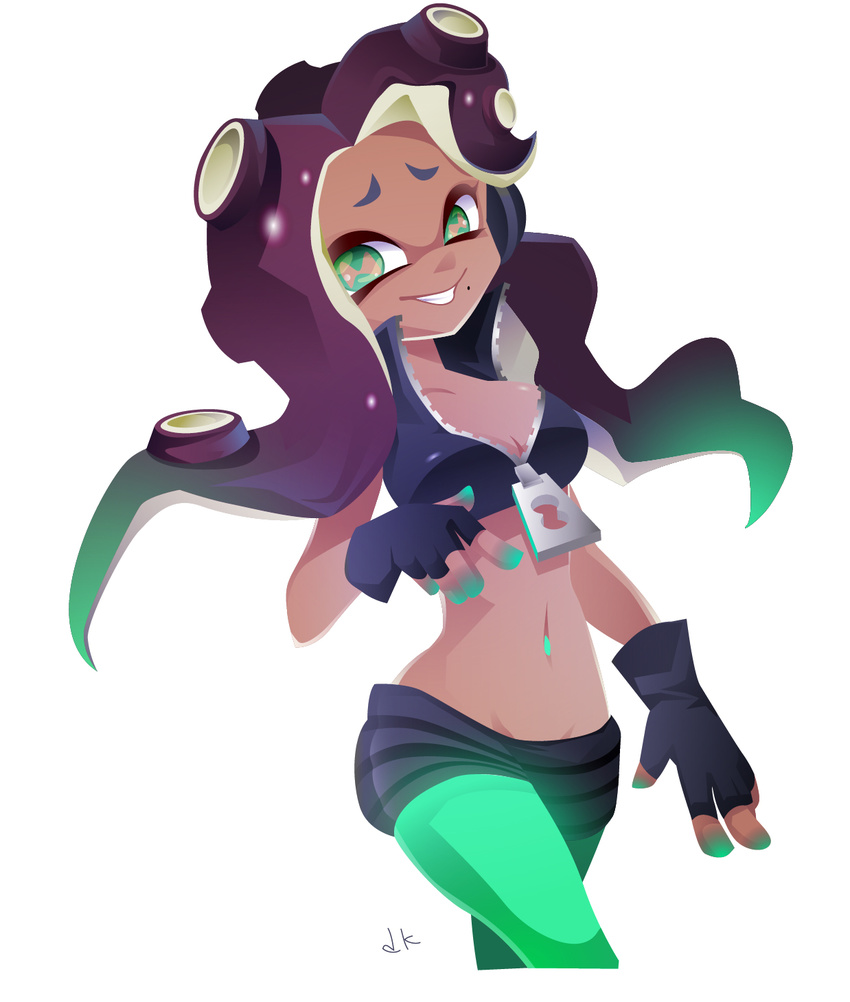 2017 animal_humanoid breasts cephalopod cephalopod_humanoid cleavage clothed clothing dark_body dark_skin electronics eyebrows eyelashes female fingerless_gloves gloves green_eyes handwear headphones hi_res humanoid jacket marina_(splatoon) marine marine_humanoid markings midriff mole_(marking) mollusk mollusk_humanoid navel navel_piercing navel_stud nintendo octarian octoling piercing pseudo_hair signature simple_background smile solo splatoon suction_cup tentacle tentacle_hair topwear でーけー