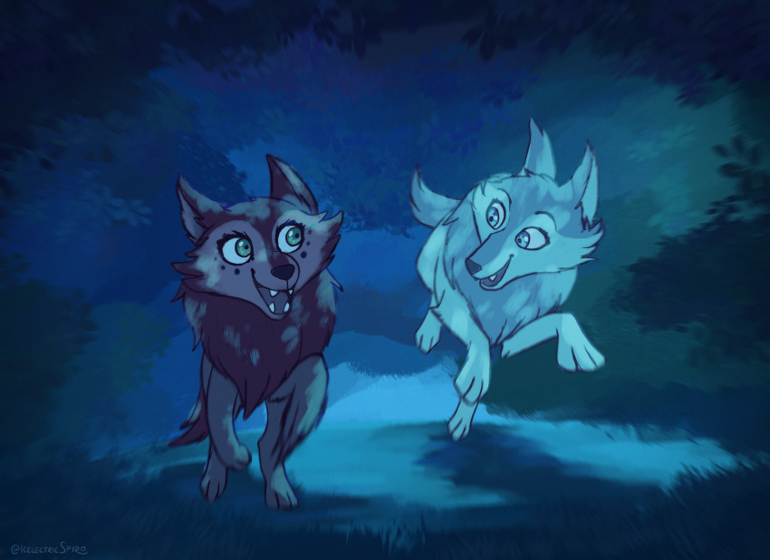 2020 canid canine canis cartoon_saloon detailed_background digital_media_(artwork) duo female feral hi_res icelectricspyro mammal mebh_og_mactire night open_mouth outside paws robyn_goodfellowe teeth tongue wolf wolfwalkers