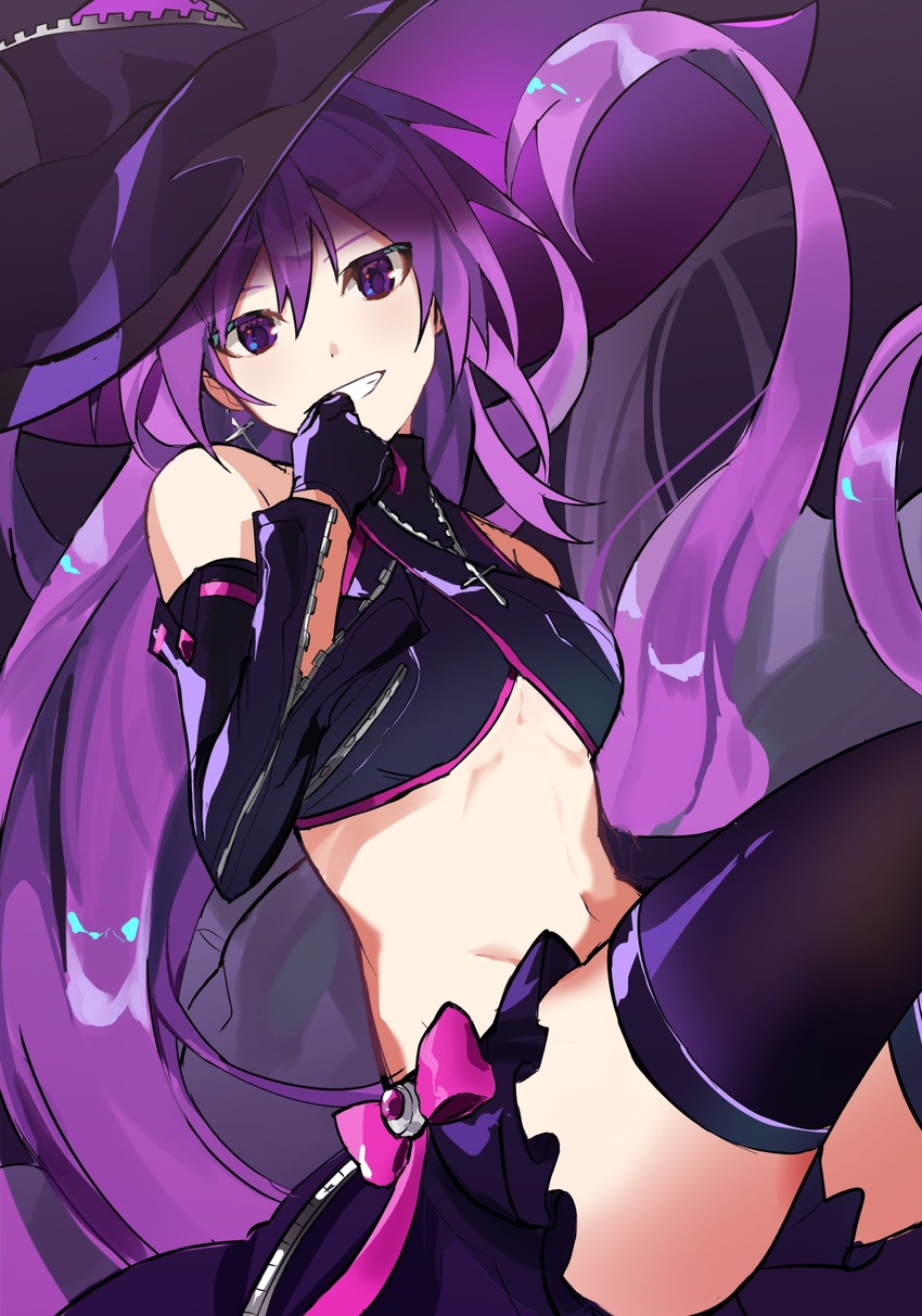 aisha_landar bare_shoulders black_gloves black_hat black_skirt black_sleeves black_thighhighs breasts commentary_request cross cross_necklace detached_sleeves elsword female gloves groin hair_between_eyes hat highres jewelry korean_commentary long_hair looking_at_viewer midriff navel necklace oz_sorcerer_(elsword) pba_471 purple_eyes purple_hair skirt small_breasts smile solo stomach teeth thighhighs very_long_hair witch witch_hat zipper