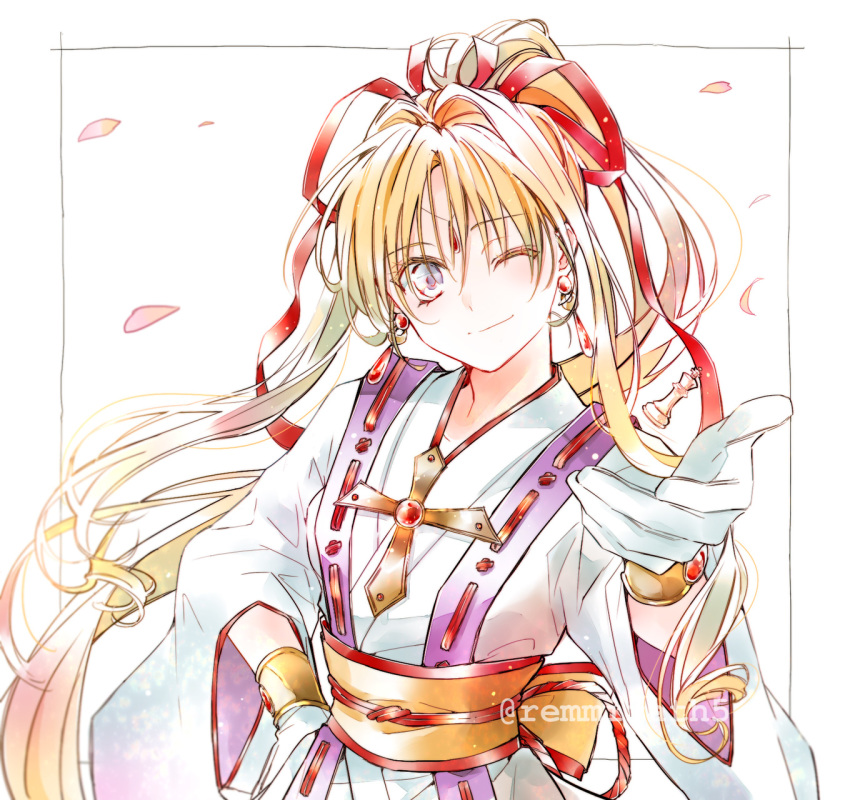 blonde_hair chess_piece cross earrings female forehead_jewel gloves highres japanese_clothes jewelry kaitou_jeanne kamikaze_kaitou_jeanne kusakabe_maron long_hair looking_at_viewer magical_girl one_eye_closed petals red_ribbon ribbon simple_background smile solo toki_(nezha09) twitter_username upper_body white_gloves