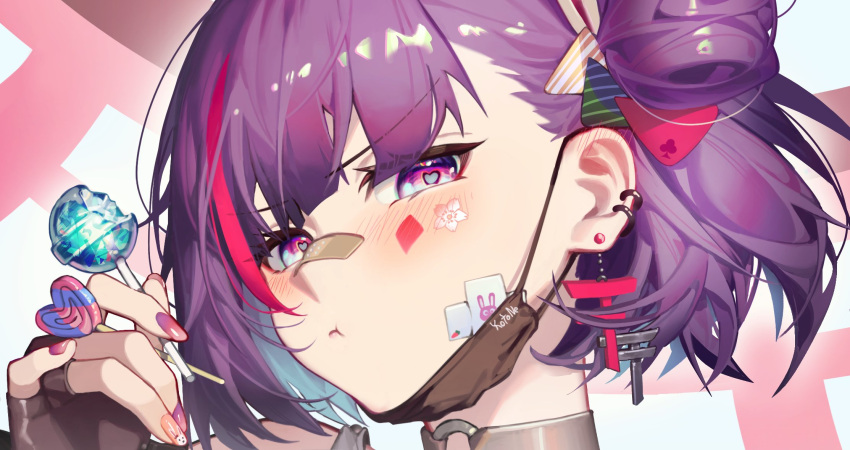 bandaid bandaid_on_face bandaid_on_nose between_fingers blush candy character_name choker dl_(dl_6ix) earrings female fingerless_gloves food gloves hand_up heart heart-shaped_pupils highres holding holding_candy holding_food jewelry lollipop mask mask_pull mouth_mask multicolored_hair nail_polish one_side_up pout prismplus purple_eyes purple_nails short_hair solo streaked_hair symbol-shaped_pupils tenjin_kotone torii_earrings two-tone_hair virtual_youtuber