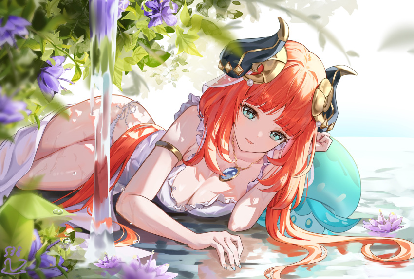 1other absurdres aqua_eyes armlet blue_gemstone breasts cleavage commentary_request dress fake_horns female flower fungi_(genshin_impact) gem genshin_impact highres horns komiya_latte long_hair looking_at_viewer lotus lying medium_breasts nilou_(genshin_impact) panties red_hair smile twintails underwear very_long_hair water waterfall white_dress white_panties white_veil