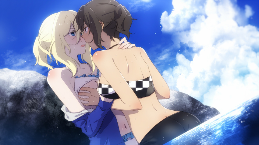 2girls alternate_hairstyle amazuki_jou andou_(girls_und_panzer) bare_shoulders bikini black_hair blonde_hair blue_eyes blue_sky blush breasts brown_eyes butt_crack checkered_clothes checkered_swimsuit cloud cloudy_sky collarbone dark-skinned_female dark_skin day face-to-face frilled_bikini frills girls_und_panzer grabbing grabbing_another's_breast hand_on_another's_shoulder highres jacket long_sleeves medium_hair messy_hair multiple_girls navel open_mouth oshida_(girls_und_panzer) ponytail rock shoulder_blades sky swimsuit water water_drop yuri