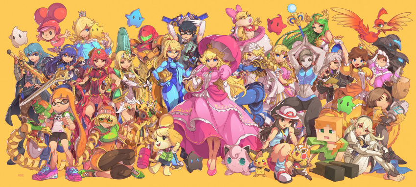 a_link_to_the_past accessory alex_(minecraft) alien alien_humanoid ambiguous_gender animal_crossing animal_humanoid anthro arm_cannon armor attached_to_balloon avian balloon balloon_support banjo-kazooie bayonetta bayonetta_(character) bird black_armor black_eyes black_hair blonde_hair blowing_kiss blue_eyes blue_hair book bottomwear breasts breegull byleth_(fire_emblem) canid canine canis cephalopod cephalopod_humanoid cleavage clothed clothing corrin cosplay_pikachu_(costume) crop_top dark_samus domestic_dog dragon dress eskimo eyewear female feral fire_emblem fur generation_1_pokemon generation_2_pokemon glasses goo_creature goo_humanoid green_eyes green_hair grey_body grey_skin group gun hair hammer hand_on_head hand_on_hip hanging_from_balloon hat headband headgear headwear hi_res holding_gun holding_hammer holding_melee_weapon holding_object holding_ranged_weapon holding_sword holding_tool holding_weapon human humanoid ice_climber inflatable inflatable_support inkling inkling_girl iron_pinky isabelle_(animal_crossing) jigglypuff junior_clown_car kazooie kid_icarus koopa koopa_clown_car koopaling large_group leaf_(pokemon) long_arms long_hair lucina luma mammal marine marine_humanoid mario_bros melee_weapon metroid metroid_prime microsoft midriff mii_(nintendo) mii_gunner min_min minecraft mojang mollusk mollusk_humanoid monotone_bottomwear monotone_clothing monotone_skirt mythological_creature mythological_scalie mythology mythra_(xenoblade) nana_(ice_climber) navel nintendo ocarina_of_time orange_eyes orange_hair palutena panties parasol pichu pikachu pikachu_libre pink_body pink_clothing pink_fur pink_hair pink_panties pink_underwear platinumgames pokemon pokemon_(species) ponytail princess_daisy princess_peach princess_zelda pyra_(xenoblade) raised_arms ranged_weapon rareware robin_(fire_emblem) rosalina_(mario) samus_aran scalie sheik_(tloz) shirt shorts simple_background sitting skinsuit skirt smile splatoon splattershot staff super_mario_galaxy super_smash_bros. super_smash_bros._ultimate sword tentacle the_legend_of_zelda tight_clothing tools topwear toy_hammer underwear upskirt villager_(animal_crossing) weapon wendy_o._koopa wii_fit wii_fit_trainer xbox_game_studios xenoblade_(series) xenoblade_chronicles xenoblade_chronicles_2 yellow_background yellow_body yellow_fur yoga zero_suit