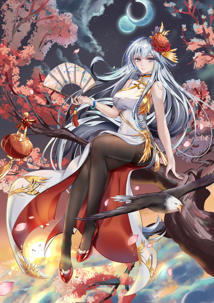 absurdres asymmetrical_clothes azur_lane bald_eagle bird black_pantyhose breasts china_dress chinese_clothes dress eagle earrings enterprise_(azur_lane) enterprise_(blooming_peony)_(azur_lane) female flower folding_fan full_moon gold_trim grey_hair grim_(azur_lane) hair_flower hair_ornament hand_fan highres holding holding_fan jewelry lantern large_breasts long_hair moon official_alternate_costume outdoors pantyhose paper_lantern petals pink_flower purple_eyes red_flower red_footwear sabou_san-shitsu_kokoro shoes side_slit sitting sitting_on_branch sleeveless sleeveless_dress solo thighband_pantyhose very_long_hair