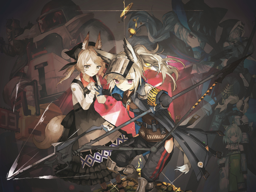 1boy 6+girls absurdres animal_ears arknights big_bob_(arknights) black_capelet black_dress black_gloves black_headwear capelet carol_(arknights) cat_ears chainsaw coin commentary cup dress gloves gold_coin grani_(arknights) green_dress hair_between_eyes highres holding holding_chainsaw holding_polearm holding_sword holding_weapon horse_ears jacket kal'tsit_(arknights) kensei_(v2) multiple_girls nearl_(arknights) open_mouth polearm police police_uniform ponytail red_eyes shirt short_hair skadi_(arknights) spear specter_(arknights) sword uniform visor_cap weapon white_dress white_hair white_shirt