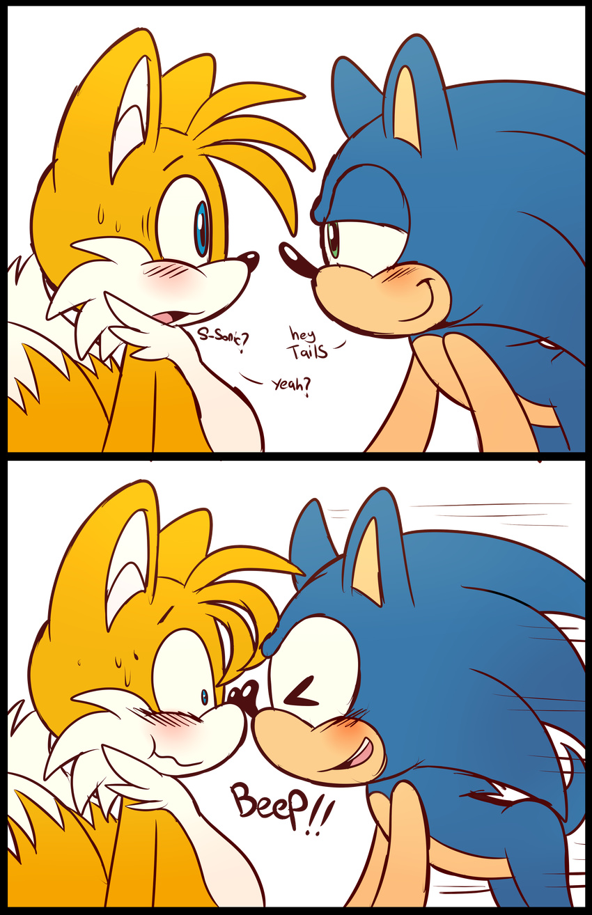 absurd_res all_fours alpha_channel anthro avoid_posting big_eyes big_head blush bodily_fluids boop canid canine dialogue duo english_text eulipotyphlan exclamation_point fox fur half-closed_eyes hedgehog hi_res male male/male mammal narrowed_eyes nude open_mouth quills_(anatomy) sega simple_background smile sonic_the_hedgehog sonic_the_hedgehog_(series) spice5400 standing stare sweat tails text tongue toony transparent_background