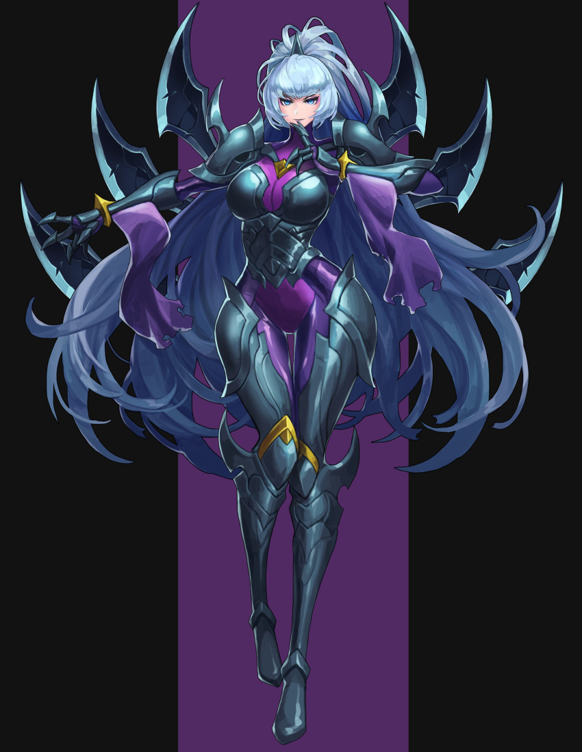 absurdres armor black_background blade blue_eyes commentary_request eyeliner eyeshadow female finger_to_mouth greaves grey_hair hella_p highres irelia league_of_legends lipstick long_hair makeup nightblade_irelia pauldrons ponytail purple_background purple_eyeshadow purple_lips scratches shoulder_armor simple_background smile solo standing torn_clothes turtleneck weapon