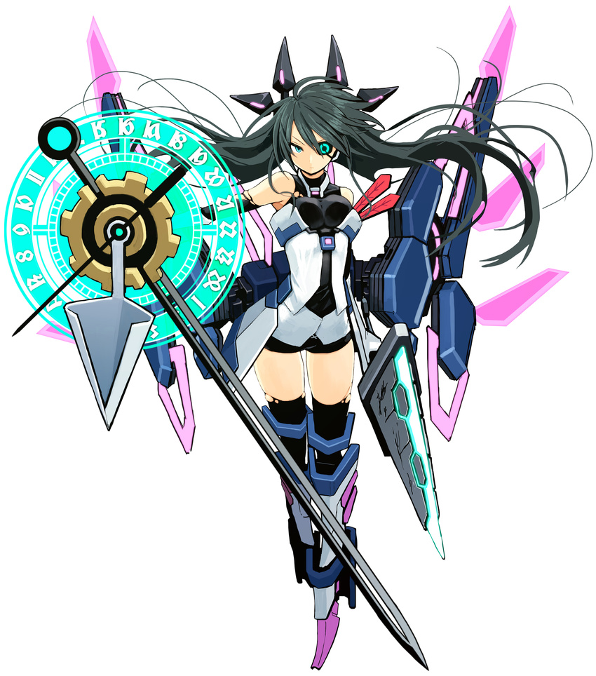 armor arrow_(projectile) beam black_hair black_legwear boots clock cosmic_break dagger detached_sleeves eyepatch feathers female full_body gloves green_eyes hair_ornament highres jetpack knife lafiel_(cosmic_break) long_hair photoshop_(medium) shield shorts simple_background solo sword thighhighs torn_clothes torn_sleeves torn_thighhighs weapon white_background