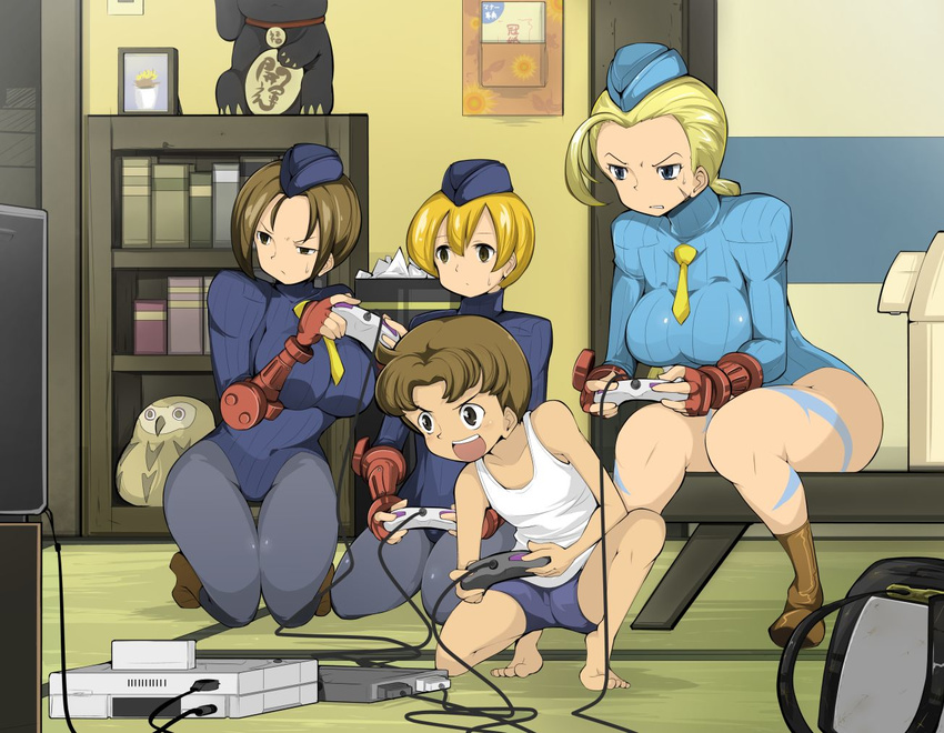 1boy 3girls ahoge blonde_hair bookshelf breasts brown_footwear brown_hair cammy_white commentary_request controller game_console game_controller gamepad garrison_cap hat highleg highleg_leotard indoors juli_(street_fighter) juni_(street_fighter) kasugano_tsukushi kneeling large_breasts leotard md5_mismatch multiple_girls name_john necktie pantyhose picture_frame playing_games ribbed_leotard scar sega_saturn short_hair shorts sitting street_fighter street_fighter_zero_(series) sweatdrop tank_top tatami television thigh_gap wariza