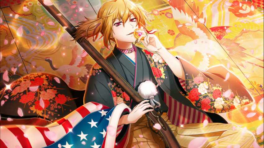 1boy american_flag antique_firearm blonde_hair collar dutch_angle firelock flintlock floral_print game_cg gun hakama hakama_skirt half-closed_eyes haori holding holding_gun holding_weapon japanese_clothes kentucky_(senjuushi) male_focus musket official_art petals pink_eyes rifle senjuushi:_the_thousand_noble_musketeers senjuushi_(series) short_twintails sitting skirt solo twintails weapon wide_sleeves wind wind_lift