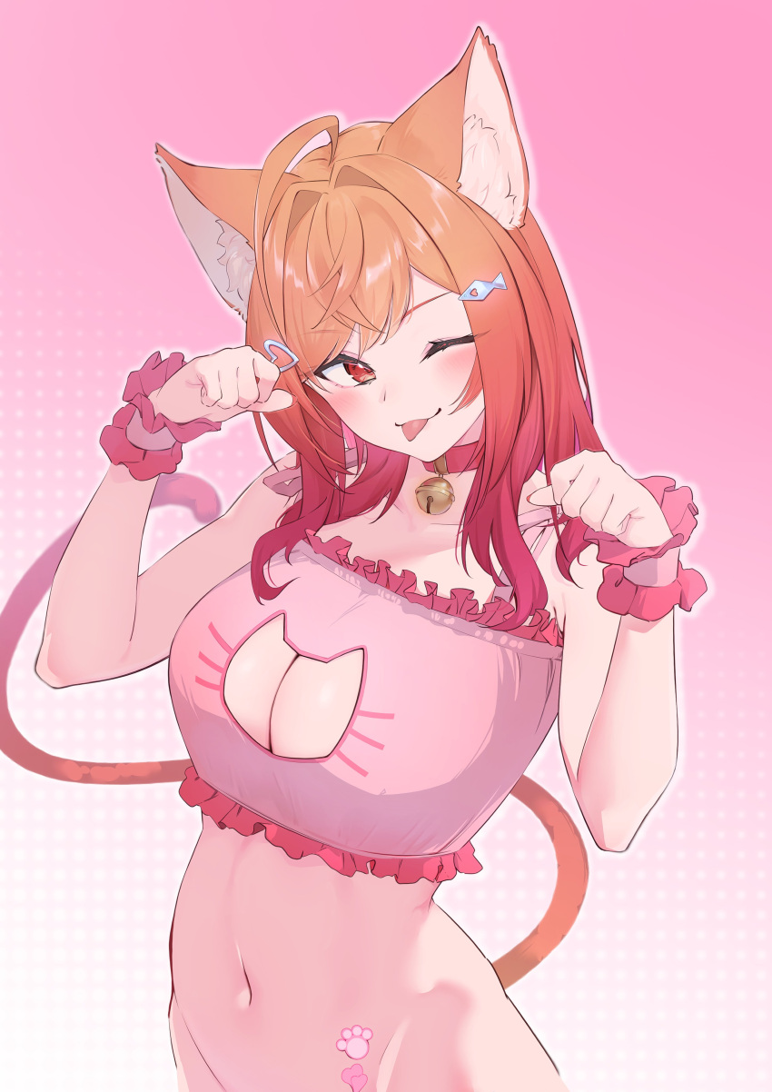 absurdres ahoge alternate_costume animal_ears bell blush breasts cat_ears cat_tail cleavage cleavage_cutout clothing_cutout collar female hair_ornament hairpin heart heart_tattoo highres hololive hololive_dev_is ichijou_ririka inuinuo_gataken long_hair looking_at_viewer multicolored_hair navel neck_bell one_eye_closed orange_eyes orange_hair paw_print_tattoo solo tail tattoo tongue tongue_out virtual_youtuber