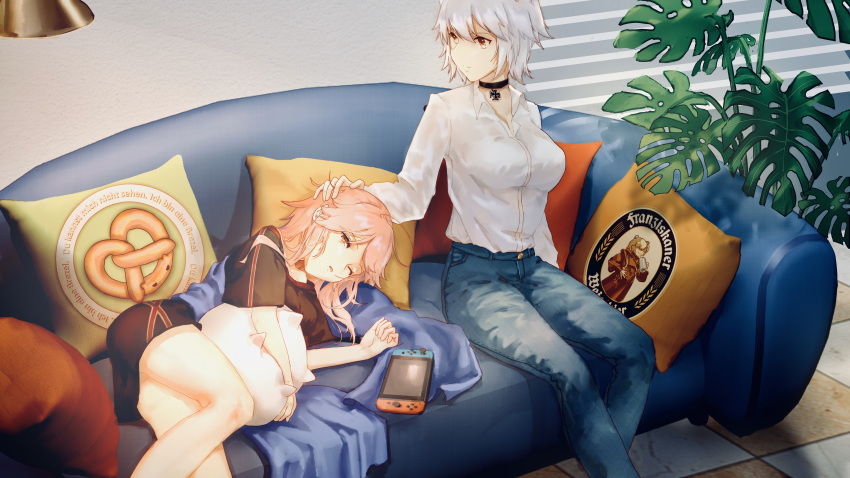 3girls absurdres alternate_costume beer_mug bismarck_(warship_girls_r) blackletter blonde_hair breasts casual character_pillow character_request check_character chinese_commentary choker commentary_request couch cross cross_choker cup day denim dress_shirt food galo_(warship_girls_r) german_text glowworm_(warship_girls_r) hand_on_another's_head handheld_game_console headpat highres indoors jeans lamp long_hair looking_at_another lying maltese_cross medium_breasts messy_hair monstera_deliciosa mug multiple_girls n.s.egg nintendo_switch on_side one_eye_closed pants pillow pink_hair plant potted_plant pretzel resting robe shirt short_hair shorts sitting swept_bangs tile_floor tiles tirpitz_(warship_girls_r) translated two_side_up warship_girls_r white_shirt window_blinds