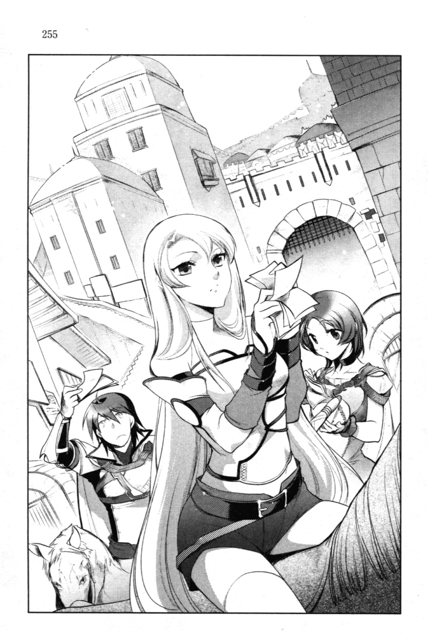 1boy 2girls arm_up belt belt_buckle buckle closed_mouth collarbone day densetsu_no_yuusha_no_densetsu detached_sleeves ferris_eris frown greyscale hair_between_eyes highres holding horse kiefer_knolles long_hair long_sleeves monochrome multiple_girls non-web_source novel_illustration official_art outdoors page_number riding ryner_lute short_shorts shorts straight_hair thighhighs toyota_saori very_long_hair zettai_ryouiki