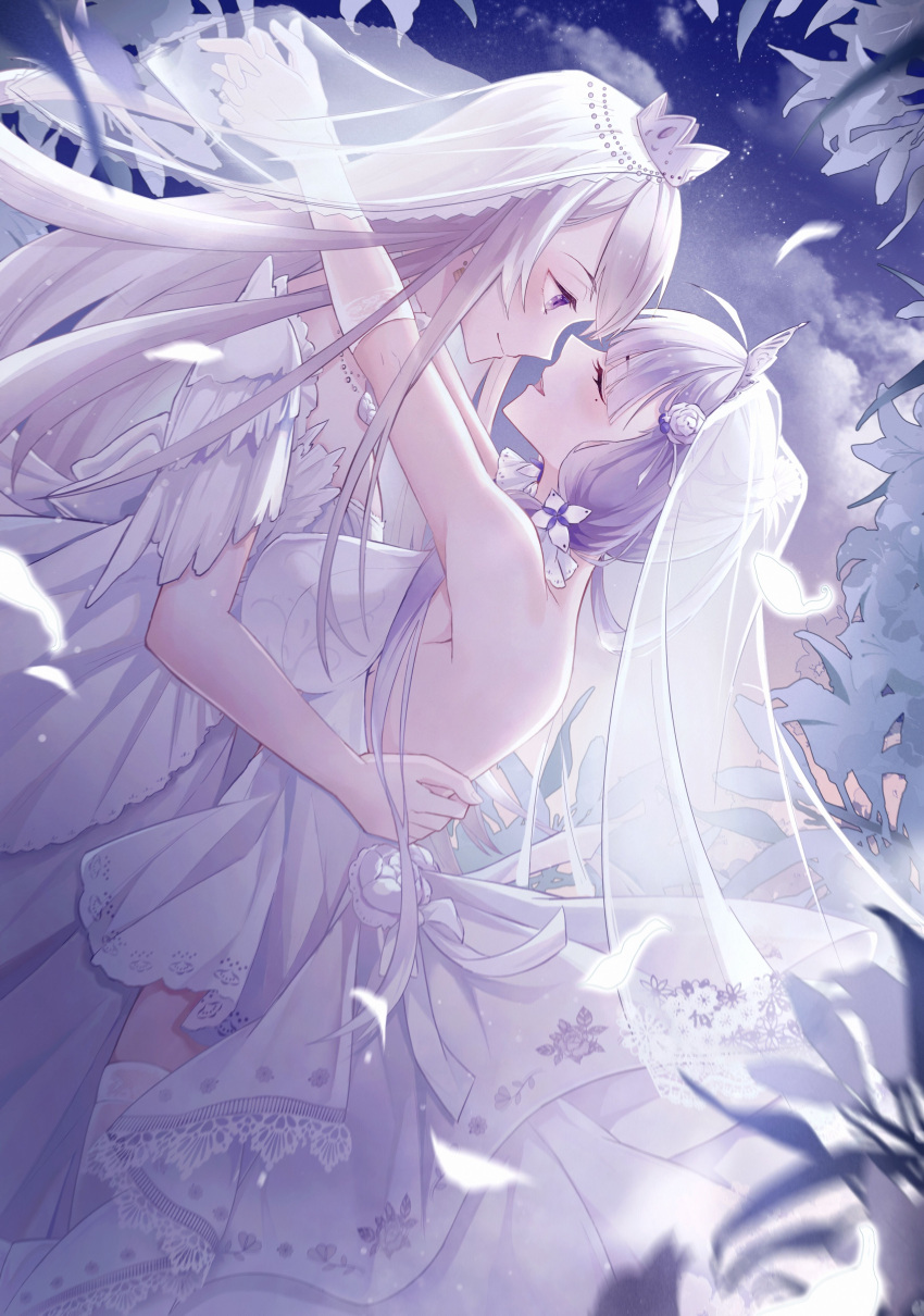 2girls absurdres azur_lane backless_dress backless_outfit bouquet breasts bridal_veil bride closed_eyes commentary_request commission commissioner_upload crown dress enterprise_(azur_lane) enterprise_(starlight_oath)_(azur_lane) flower gloves halter_dress halterneck highres holding holding_bouquet illustrious_(azur_lane) illustrious_(morning_star_of_love_and_hope)_(azur_lane) large_breasts mini_crown mole mole_under_eye multiple_girls official_alternate_costume rose sleeveless sleeveless_dress veil wedding_dress white_dress white_flower white_gloves white_hair white_rose wife_and_wife xiaoli_(1507) yuri