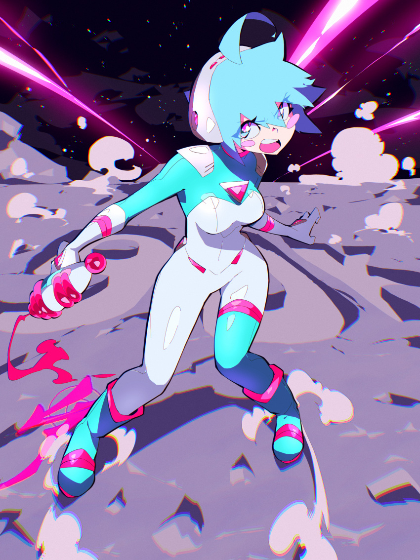 absurdres aetherion ahoge aqua_eyes aqua_footwear aqua_hair blush_stickers bodysuit boots breasts energy_gun female full_body highres holding holding_weapon medium_breasts multicolored_eyes on_moon open_mouth original pink_eyes ray_gun short_hair sky solo space_girl_(aetherion) star_(sky) starry_sky weapon