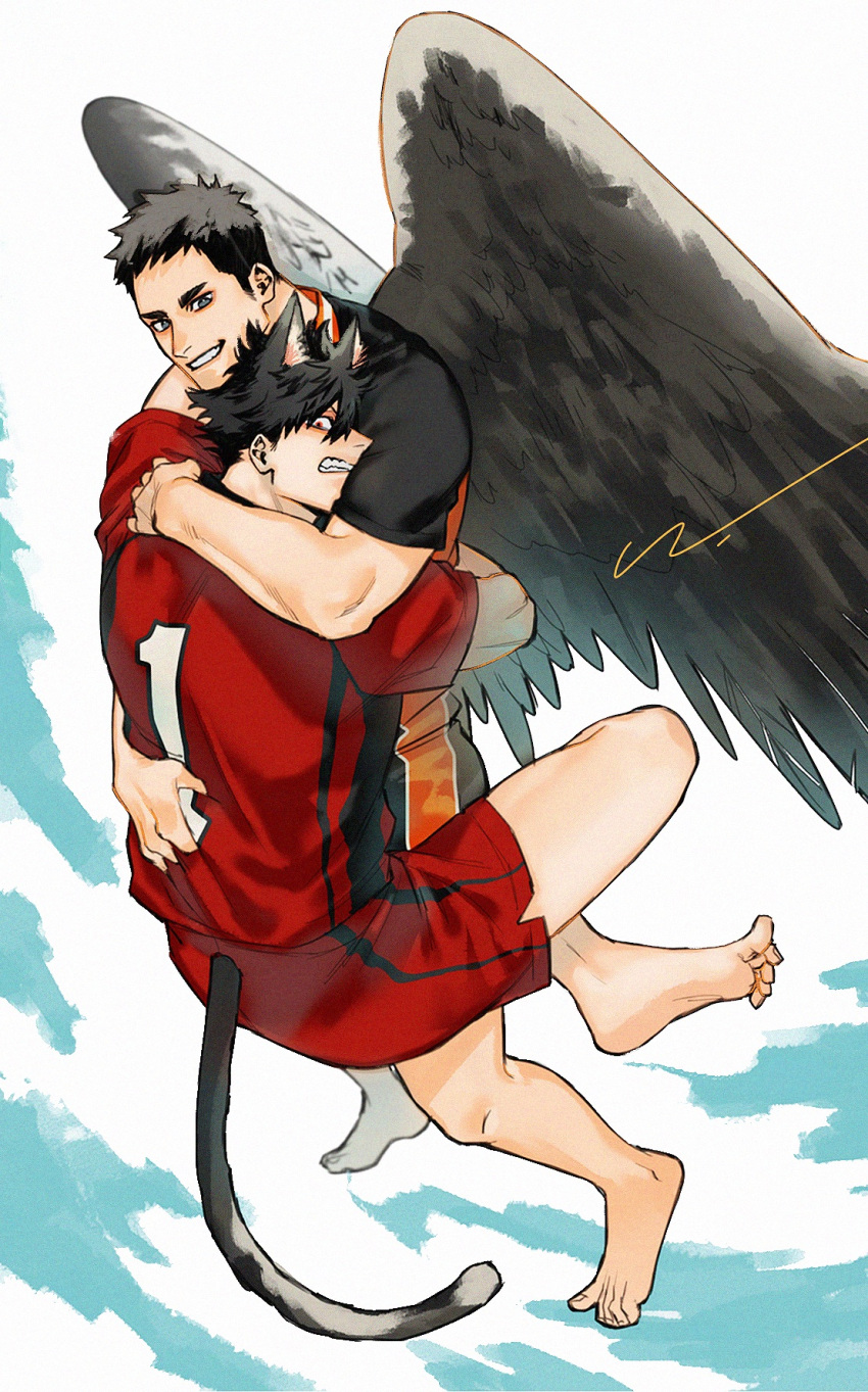 2boys animal_ears barefoot black_clothes black_hair black_wings blue_sky brown_hair carrying carrying_person cat_boy cat_ears cat_tail clinging cloud cloudy_sky day feathered_wings flying grey_eyes grin haikyuu!! highres jersey jo_tuesday19 kemonomimi_mode kuroo_tetsurou looking_at_another looking_down male_focus multiple_boys muscular muscular_male nekoma_volleyball_uniform numbered red_shirt red_shorts sawamura_daichi scared shirt short_hair short_sleeves shorts sideburns signature sky smile spiked_hair sportswear tail tail_through_clothes volleyball_uniform wings