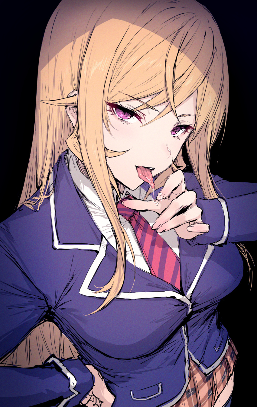 black_background blonde_hair breasts fellatio_gesture female from_above hand_on_own_hip haoni highres large_breasts licking licking_finger long_hair looking_at_viewer nakiri_erina necktie oral_invitation plaid plaid_skirt purple_eyes saliva school_uniform sexually_suggestive shokugeki_no_souma simple_background skirt solo striped_necktie tongue tongue_out tootsuki_saryou_ryouri_gakuen_uniform very_long_hair