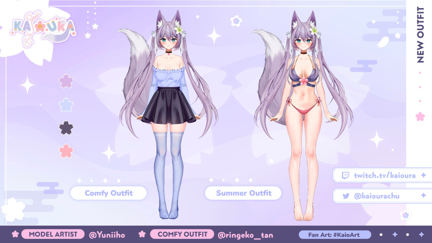 absurdres animal_ear_fluff animal_ears bare_arms bare_legs bare_shoulders barefoot bikini black_choker black_skirt blue_eyes blue_shirt blue_thighhighs bow breasts cherry_blossoms choker cleavage closed_mouth collarbone feet female flower fox_ears fox_girl fox_tail frilled_shirt frills full_body gradient_eyes grey_hair hair_flower hair_ornament hairbow halterneck high-waist_skirt highres indie_virtual_youtuber kaioura large_breasts large_tail long_hair looking_at_viewer miniskirt mismatched_bikini multicolored_eyes navel no_shoes off-shoulder_shirt off_shoulder pink_flower purple_bikini ringeko-chan second-party_source shirt shirt_tucked_in side-tie_bikini_bottom skirt smile solo standing stomach string_bikini swimsuit tail thighhighs thighs toes twintails very_long_hair virtual_youtuber yuniiho zettai_ryouiki