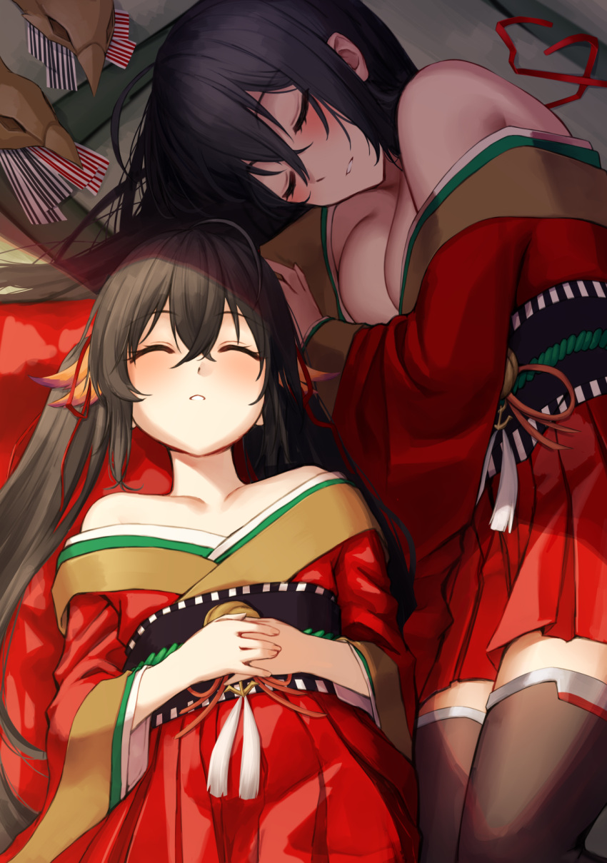 2girls ahoge azur_lane bare_shoulders black_hair black_thighhighs blush breasts cleavage closed_eyes crossed_bangs dress hair_between_eyes highres large_breasts long_hair lying multiple_girls red_dress side_ponytail sleeping strapless strapless_dress taihou-chan_(azur_lane) taihou_(azur_lane) thighhighs yorugami_rei