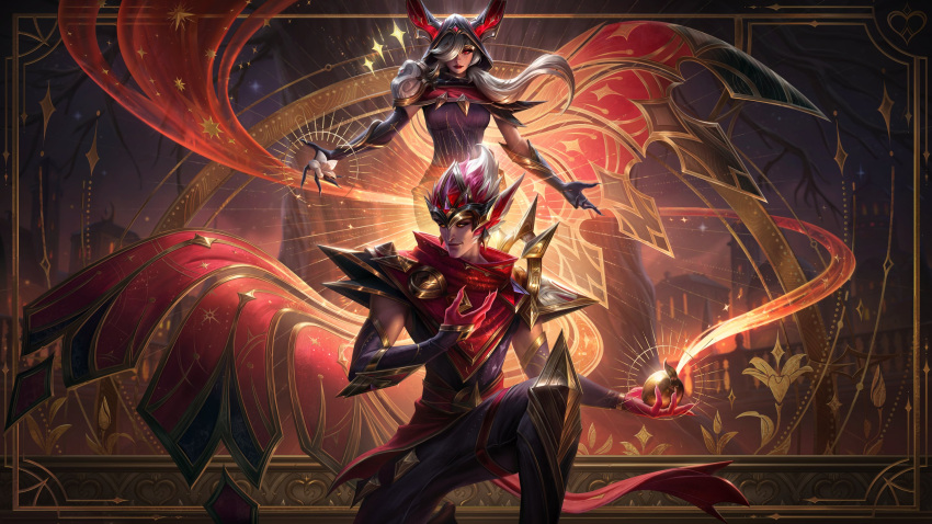 1boy apple arcana_rakan arcana_xayah armor cape capelet couple crown dress elbow_gloves female flower food fruit gem gloves highres league_of_legends leg_armor light looking_at_another looking_at_viewer marie_magny night night_sky official_art outdoors pants rakan_(league_of_legends) red_eyes red_hair shoulder_armor shoulder_pads skirt sky star_(symbol) straight tarot tarot_(medium) the_lovers_(tarot) white_hair xayah