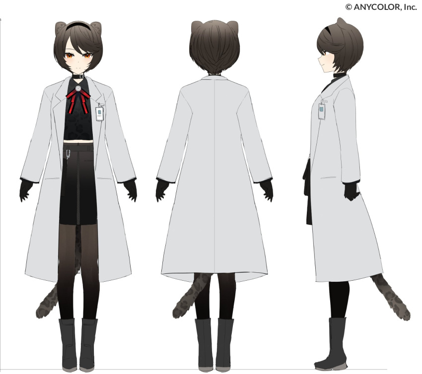 animal_ear_fluff animal_ears black_footwear black_gloves black_legwear black_skirt boots brown_eyes brown_hair coat collar female full_body gloves highres hyona_elatiora id_card jun_project lab_coat leaning_back long_sleeves midriff_peek multiple_views navel nijisanji nijisanji_id official_art panther_ears panther_girl panther_tail pantyhose reference_sheet short_hair skirt smile standing virtual_youtuber white_background white_coat