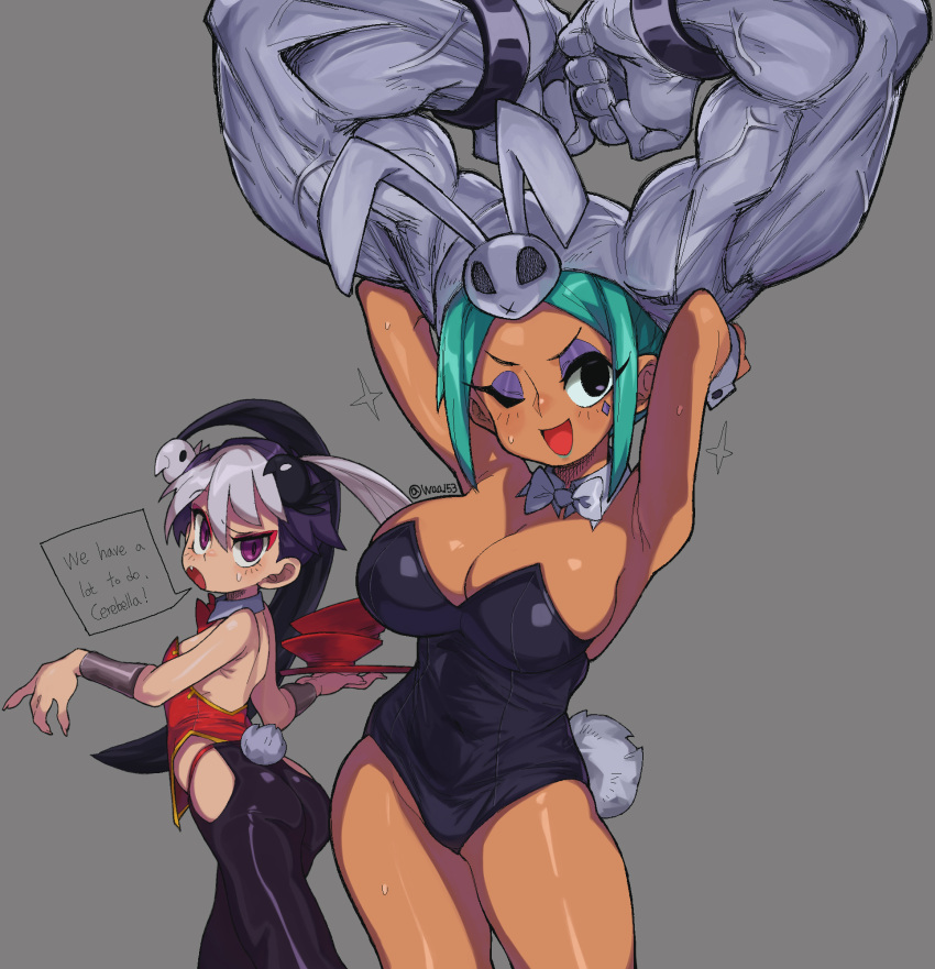 2girls armpits arms_up black_eyes black_legwear black_leotard bow bowtie breasts cerebella_(skullgirls) cleavage cowboy_shot dark-skinned_female dark_skin detached_collar eyeshadow fake_tail feng_(skullgirls) grey_background highres large_breasts leotard makeup multiple_girls one_eye_closed pantyhose playboy_bunny purple_eyeshadow rabbit_tail simple_background skullgirls speech_bubble sweat sweatdrop tail vice-versa_(skullgirls) waa153 white_bow white_bowtie