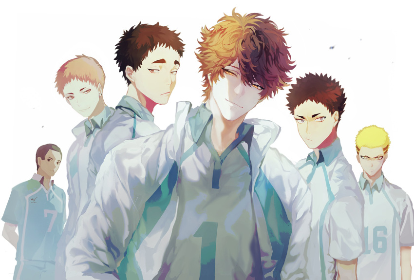 6+boys aoba_johsai_volleyball_uniform black_hair blonde_hair brown_eyes brown_hair closed_mouth eyebrows frown haikyuu!! hanamaki_takahiro highres iwaizumi_hajime jacket korean_commentary kyoutani_kentarou looking_at_viewer male_focus matsukawa_issei mgmg_1012 multicolored_hair multiple_boys oikawa_tooru_(haikyuu!!) smile sportswear track_jacket two-tone_hair volleyball_uniform watari_shinji_(haikyuu!!)