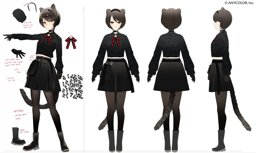 animal_ear_fluff animal_ears black_footwear black_gloves black_legwear black_skirt boots brown_eyes brown_hair collar female full_body gloves highres hyona_elatiora id_card jun_project lab_coat leaning_back long_sleeves midriff_peek multiple_views navel nijisanji nijisanji_id official_art panther_ears panther_girl panther_tail pantyhose reference_sheet short_hair skirt smile standing virtual_youtuber white_background