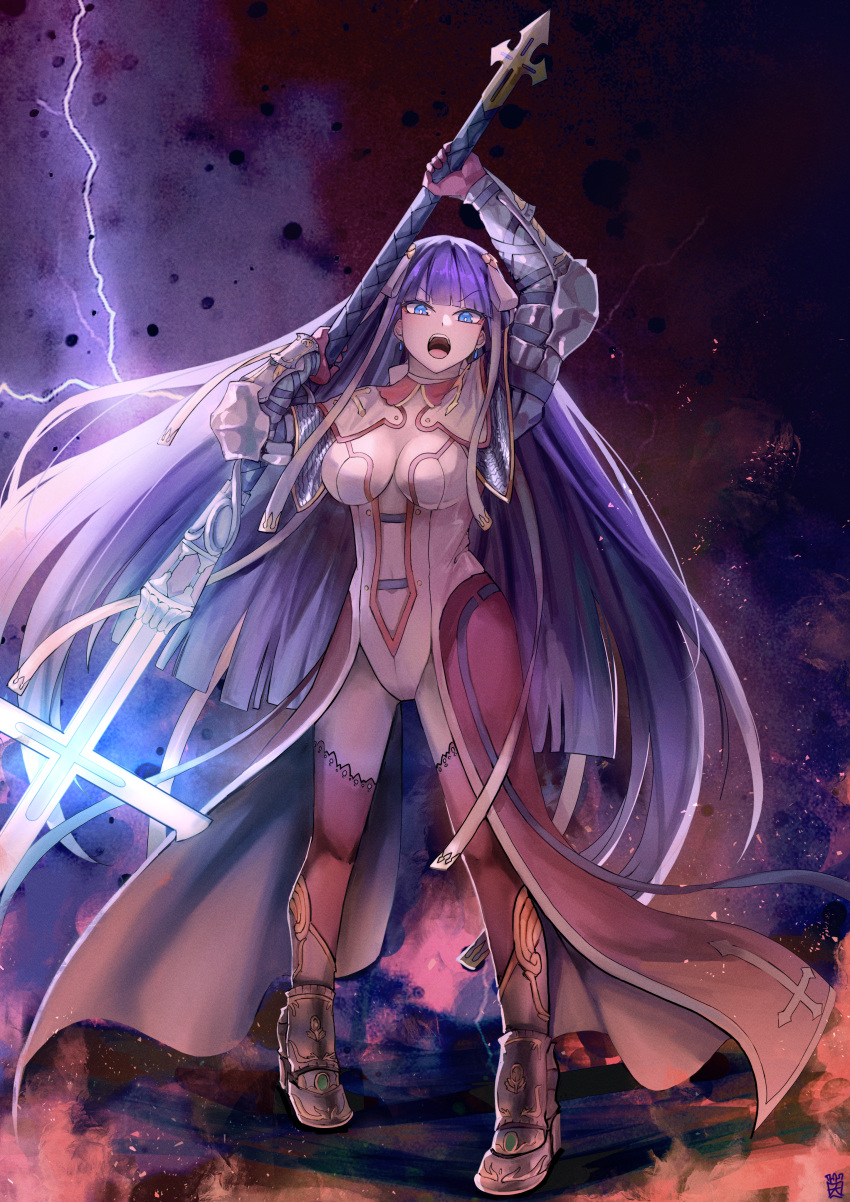 absurdres armored_boots belt blue_eyes boots breasts capelet center_opening cleavage electricity fate/grand_order fate_(series) female full_body gauntlets hair_ribbon highres large_breasts long_hair looking_at_viewer martha_(fate) navel ootato open_mouth pelvic_curtain purple_hair red_thighhighs ribbon solo staff thighhighs white_capelet