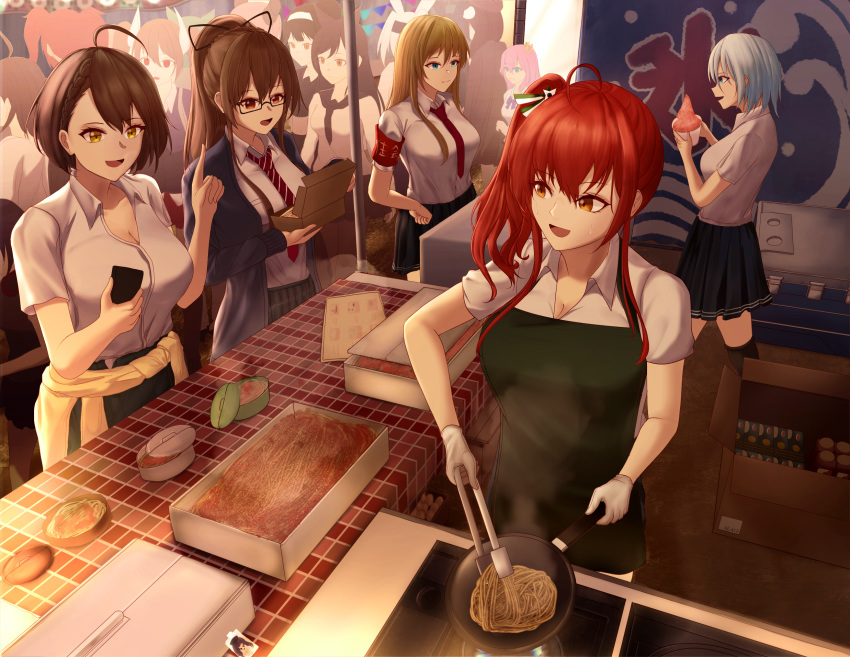 6+girls ahoge akashi_(azur_lane) animal_ears apron armband atago_(azur_lane) atago_(school_traumerei)_(azur_lane) azur_lane baltimore_(after-school_ace)_(azur_lane) baltimore_(azur_lane) beige_cardigan beige_sweater bento bismarck_(azur_lane) blazer blonde_hair blue_eyes blue_hair braid breasts brown_eyes brown_hair cardigan cardigan_around_waist cat_ears cellphone cleavage clothes_around_waist collared_shirt dress_shirt food frying_pan glasses gloves hair_behind_ear hair_ribbon hand_on_own_hip haruna_(azur_lane) haruna_(free_time_before_class)_(azur_lane) high_ponytail highres hiryuu_(after_school_bullies)_(azur_lane) hiryuu_(azur_lane) holding holding_phone jacket javelin_(azur_lane) javelin_(slow_ahead!)_(azur_lane) large_breasts menu multiple_girls necktie open_mouth orange_eyes pasta phone pink_hair pleated_skirt pola_(azur_lane) rabbit_ears rayleigh_scale red_hair red_necktie ribbon school school_festival school_uniform shirt short_hair short_sleeves side_braid side_ponytail skirt smartphone souryuu_(azur_lane) souryuu_(the_counselor_girl)_(azur_lane) spaghetti standing sweater sweater_around_waist swiftsure_(azur_lane) swiftsure_(study_hall_cyclamen)_(azur_lane) takao_(azur_lane) takao_(school_romanza)_(azur_lane) tied_sweater tirpitz_(azur_lane) white_gloves white_hair white_shirt yellow_eyes zara_(azur_lane)