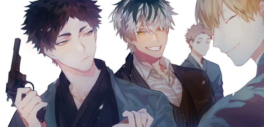 4boys akaashi_keiji alternate_costume alternate_hairstyle black_hair black_kimono blonde_hair bokuto_koutarou closed_eyes closed_mouth collared_shirt dress_shirt formal grey_hair grin gun haikyuu!! hair_down highres holding holding_gun holding_weapon japanese_clothes kimono konoha_akinori korean_commentary looking_at_viewer male_focus mgmg_1012 multiple_boys sarukui_yamato shirt short_hair smile teeth weapon white_shirt yellow_eyes