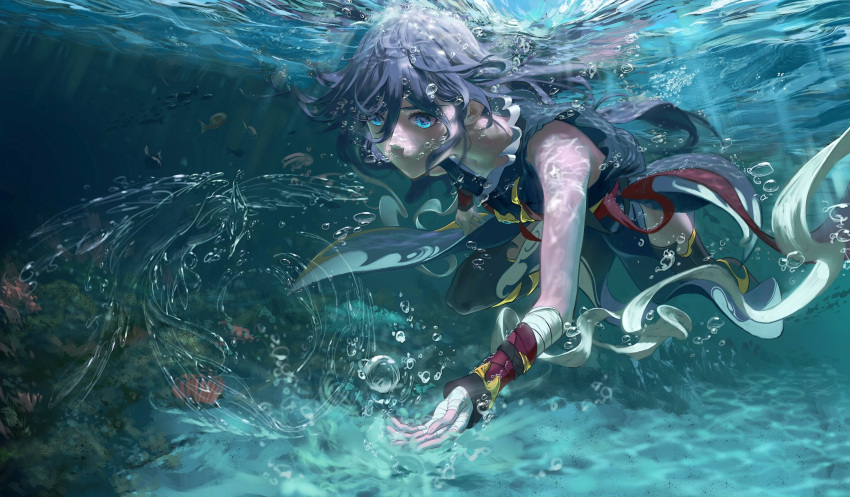 black_hair black_shirt blue_eyes casual closed_mouth coral coral_reef female fu_hua fu_hua_(night_squire) fu_hua_(rustic_noir) highres honkai_(series) honkai_impact_3rd long_hair outdoors shirt skavenprime sleeveless sleeveless_shirt solo underwater water