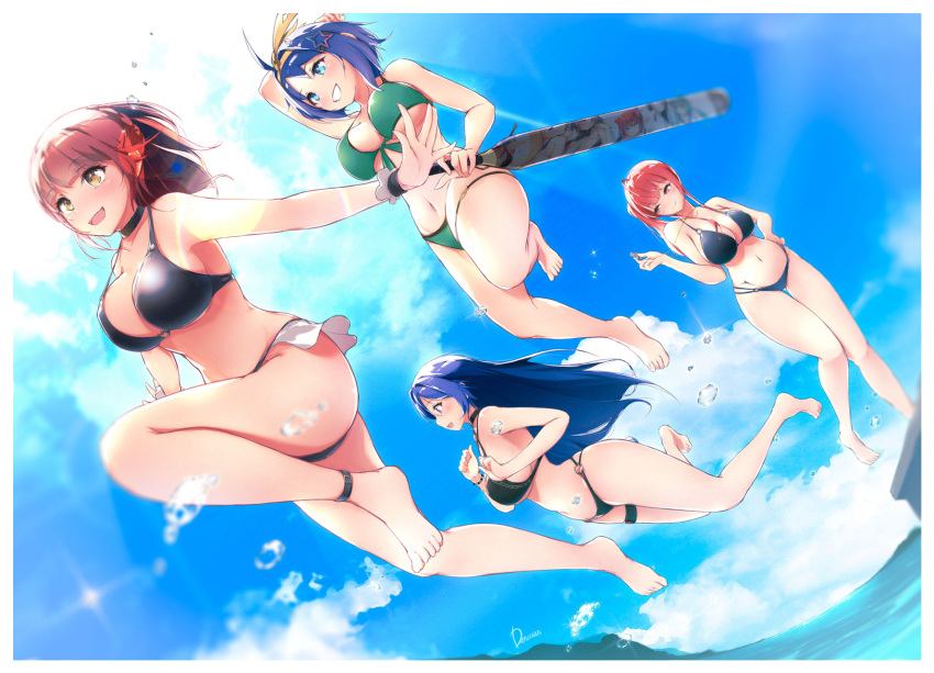 4girls airborne alternate_breast_size alternate_costume ankle_belt ankle_strap anklet azur_lane barefoot bikini breasts cloud dermar full_body highres holding jewelry jumping large_breasts multiple_girls nicoloso_da_recco_(azur_lane) nicoloso_da_recco_(to_a_smashing_voyage!)_(azur_lane) o-ring o-ring_bikini official_alternate_costume pompeo_magno_(azur_lane) scrunchie swimsuit tan tanlines thigh_strap trento_(azur_lane) trento_(summer's_hotness?)_(azur_lane) water whistle wrist_scrunchie zara_(azur_lane) zara_(poolside_coincidence)_(azur_lane)