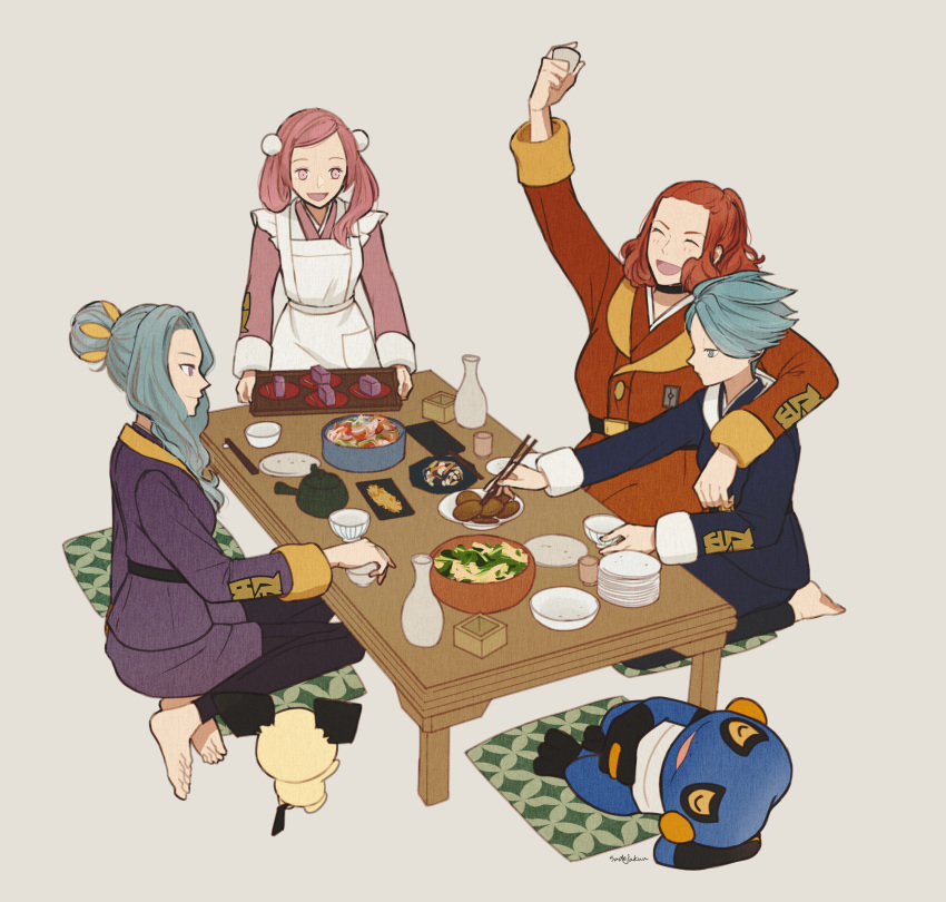 4girls :d amenboaoina apron arm_around_shoulder arm_up bad_id bad_pixiv_id barefoot bottle bowl chopsticks closed_mouth commentary_request croagunk cup cyllene_(pokemon) food happy highres holding holding_chopsticks holding_tray jacket logo long_hair long_sleeves multiple_girls open_mouth orange_hair pesselle_(pokemon) pichu pink_hair plate pokemon pokemon_(creature) pokemon_legends:_arceus purple_jacket sanqua_(pokemon) short_hair sitting smile table toes tongue tray white_apron zisu_(pokemon)