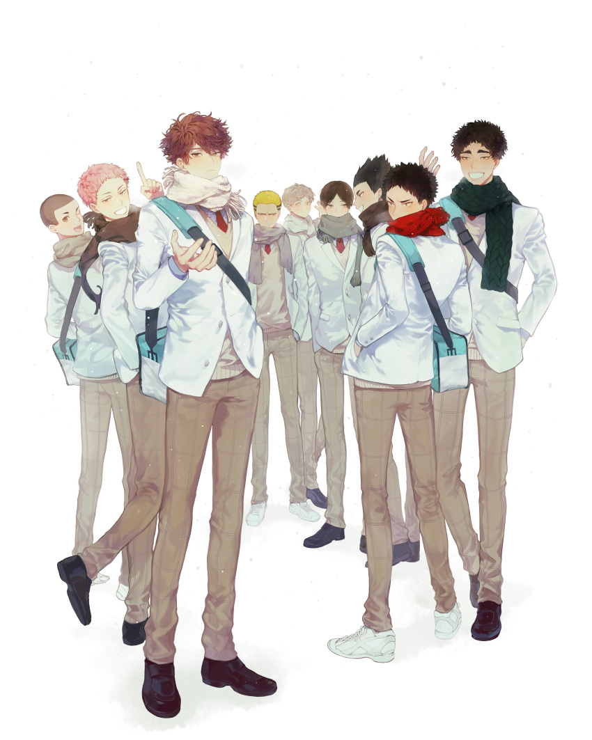 6+boys absurdres bag black_hair blonde_hair brown_hair full_body grin haikyuu!! hanamaki_takahiro highres iwaizumi_hajime jacket kindaichi_yuutarou korean_commentary kunimi_akira kyoutani_kentarou looking_at_another looking_at_viewer male_focus matsukawa_issei mgmg_1012 multiple_boys oikawa_tooru_(haikyuu!!) one_eye_closed pants plaid plaid_pants scarf shoes short_hair smile sweater_vest teeth watari_shinji_(haikyuu!!) winter yahaba_shigeru