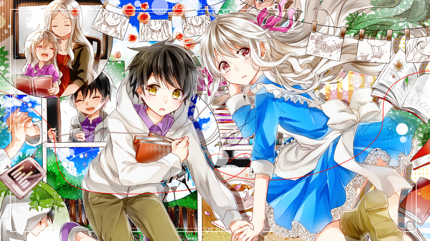 1boy 2girls :d aged_down aka_red8547 apron argyle arm_up audio_visualizer bad_id bad_pixiv_id black_hair blue_dress blue_sky book boots brown_cardigan brown_footwear brown_pants buttoned_cuffs buttons cardigan chair close-up closed_eyes clothes_pin collage_background collared_dress collared_shirt commentary_request day digital_media_player double_exposure drawing dress earphones expressionless facing_another feet_out_of_frame floating floating_hair floating_object flower foliage forest friends frilled_apron frilled_dress frills hair_flower hair_ornament hair_ribbon hand_in_own_hair hand_on_own_head happy heart heart_of_string highres holding holding_book holding_hands hood hood_down hood_up hooded_jacket hugging_book hugging_object indoors jacket jewelry kagerou_project key kozakura_marry kozakura_shion lolicon long_hair long_sleeves looking_to_the_side lower_body mother_and_daughter multiple_girls nature necklace on_chair open_book open_clothes open_jacket open_mouth outdoors pants paper parted_bangs parted_lips pink_eyes pink_ribbon plant portrait projected_inset puffy_short_sleeves puffy_sleeves purple_dress purple_eyes purple_footwear purple_shirt reading red_dress red_flower red_rose ribbon rose seto_kousuke shirt shoe_soles shoes short_hair short_sleeves sitting sky sleeves_past_elbows smile sneakers souzou_forest_(vocaloid) string string_of_fate tears tree two-tone_footwear unzipped wavy_hair white_apron white_footwear white_hair yellow_eyes zipper